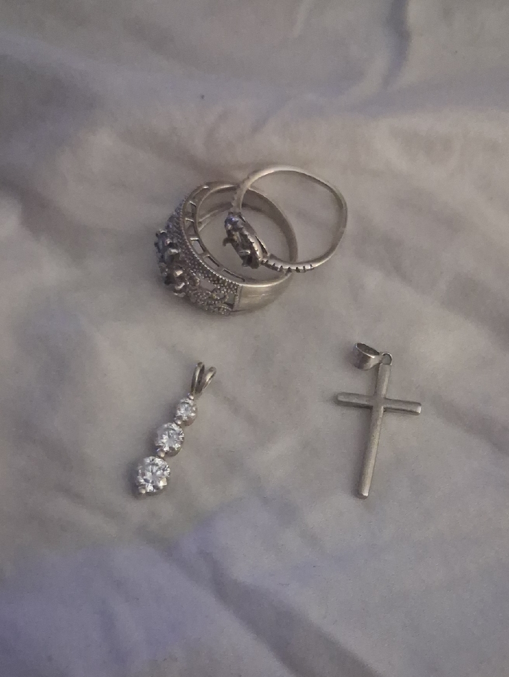 Sterling-Tone Cross Pendant and Three-Stone Drop Pendant - Silver